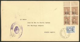 ARGENTINA: GJ.445a, 5c. Moreno Typographed With TRIPLE M.J.I. Overprint, Block Of 4 + 20c. Güemes Franking A Cover Sent  - Dienstmarken