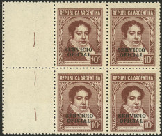 ARGENTINA: GJ.662CZ, Rivadavia 10c. Unwatermarked, Thick Canadian Paper, Block Of 4 WITH LEFT LABELS With Small Wavy Lin - Oficiales