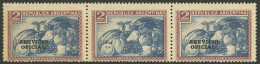 ARGENTINA: GJ.667a, 2P. Fruit, Without Watermark, Strip Of 3 With The Central Stamp Virtually WITHOUT OVERPRINT (only Th - Service