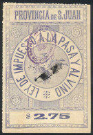 ARGENTINA: PROVINCE OF SAN JUAN: RAISINS AND WINE Tax, Circa 1890, 2.75P., Fantastic Stamp Of Large Size (approx. 100 X  - Other & Unclassified