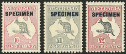 AUSTRALIA: Sc.127/9, 1931/6 10s., 1£ And 2£ With SPECIMEN Overprint, Mint Very Lightly Hinged (appear To Be MNH), Very F - Sonstige & Ohne Zuordnung