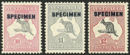 AUSTRALIA: Sc.127/9, 1931/6 10s., 1£ And 2£ With SPECIMEN Overprint, Mint Very Lightly Hinged (appear To Be MNH), Very F - Sonstige & Ohne Zuordnung