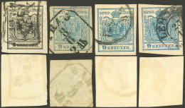 AUSTRIA: 4 Stamps Of The 1850 Issue, Including One Example Of 2kr. Black, Absolutely Superb, 3x 9kr. Blue, One With Wate - Other & Unclassified