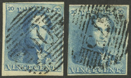 BELGIUM: Sc.2, 1849 20c. Blue (4 Wide Margins) +  2b (greenish Blue, Of 3 Margins), Nice Lot! - Other & Unclassified