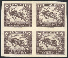 BOLIVIA: Sc.268, 1939 5B. Jaguar, IMPERFORATE BLOCK OF 4, The Top Stamps Lightly Hinged And The Bottom Stamps MNH, VF Qu - Bolivia