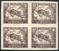 BOLIVIA: Sc.268, 1939 5B. Jaguar, IMPERFORATE BLOCK OF 4, The Top Stamps Lightly Hinged And The Bottom Stamps MNH, VF Qu - Bolivien