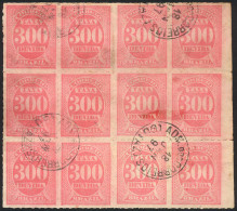 BRAZIL: Sc.J6, 1889 300rs. Rose, Large Used Block Of 12 (with Right Sheet Margin Un-rouletted), Cancelled GOYAZ 18/JA/18 - Otros & Sin Clasificación