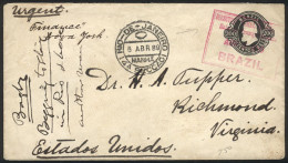 BRAZIL: 200Rs. Stationery Envelope Sent To USA On 6/AP/1889 With An Interesting Rose Rectangular Postmark, VF Quality! - Other & Unclassified