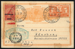 BRAZIL: Uprated 100Rs. Postal Card (total Postage 2,700Rs.) Sent Via ZEPPELIN From Porto Alegre To Germany On 20/OC/1931 - Otros & Sin Clasificación