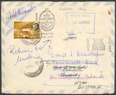 BRITISH SOLOMON ISLANDS: RARE ROUTE: Airmail Cover Originally Sent From San Juan (Argentina) To Honiara On 31/MAY/1969,  - British Solomon Islands (...-1978)