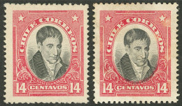 CHILE: Yvert 114, 1926 Unissued 14c. Salas, 2 Examples Without Gum, Different Shades Of Rose, VF - Chile