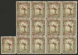 COSTA RICA: Block Of 13 Stamps Of 1c. Issued In 1909 With Interesting Red Overprint Of Year 1924 For AIRMAIL, There Are  - Costa Rica