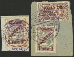 ECUADOR: Sc.C3, 1928 1S. On 20c. Gray, 2 Used Stamps On Fragments! - Ecuador