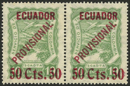 ECUADOR: Sc.C6 (Yvert A.1), 1928 50Cts. On 10c. Green, Extremely Rare MNH Pair Of Excellent Quality, Catalog Value US$1, - Ecuador