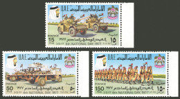 UNITED ARAB EMIRATES: 1977 National Day (soldiers And War Vehicules), Complete Set Of 3 Values Prepared But Unissued, MN - Ver. Arab. Emirate