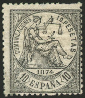 SPAIN: Yvert 150, 1874 Justice 10P. Black, Mint Part Original Gum, With A Strong Paper Hinge On Back, Minor Defect, Very - Other & Unclassified