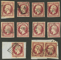 FRANCE: Yvert 17A + 17Aa + 17Ab, 1854 Napoleon 80c. Carmine, Imperforate, 11 Examples, Including A Pair And Some On Frag - Other & Unclassified