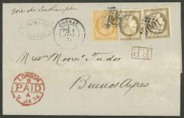 FRANCE: 7/JA/1874 Cognac - Argentina, Entire Letter Sent "via England" Franked With 1Fr. (one Stamp Of 30c. Torn), Varie - Other & Unclassified