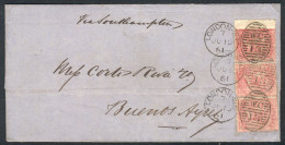 GREAT BRITAIN: 10/JUN/1861 LONDON - Buenos Aires: Folded Cover Franked With Strip Of 3 Sc.26, "W.C 13" Duplex Cancel, Ve - Other & Unclassified