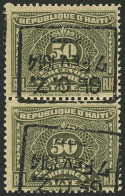 HAITI: Sc.J20, 1914 50c. Olive Gray, Pair With INVERTED OVERPRINT, MNH, Excellent Quality! - Haití