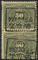 HAITI: Sc.J20, 1914 50c. Olive Gray, Pair With INVERTED OVERPRINT, MNH, Excellent Quality! - Haiti