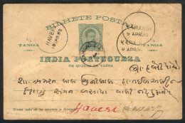 PORTUGUESE INDIA: 1/4t. Postal Card Sent From Margro To Haveri On 7/AP/1892, Interesting Cancels, VF! - Inde Portugaise
