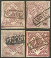 ITALY: Sc.6, 1858 20g., 4 Used Examples, Varied Shades, One With Light Pressed Out Crease And 3 Of Very Fine Quality! - Sin Clasificación