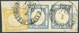 ITALY: Sc.26, 1861 20g. Yellow + Pair Of 2g. Blue (Sc.22), On Fragment With Cancel Of CASTEL DI SANGRO, Excellent Qualit - Non Classificati