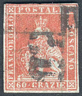 ITALY: Sc.9, 1851 60Cr. Red, Used, With Minor Repaired Defects, Excellent Appeal, One Of The Most Rare Stamps Of Italian - Toscane