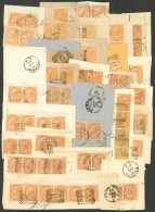 ITALY: Sc.27, 1863 10c. Ocher, About 40 Fragments Of Folded Covers With Stamps (mostly Pairs) And A Few Multiples. There - Sin Clasificación