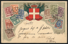ITALY: Old PC Illustrated With Postage Stamps And Coat Of Arms, Used In 1905, VF Quality! - Autres & Non Classés