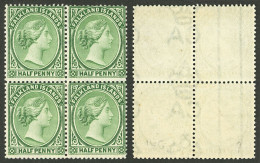 FALKLAND ISLANDS: Sc.10, 1895 Victoria ½p. Yellow-green, Mint Block Of 4, The Left Stamps With DOUBLE VERTICAL LINE Over - Falkland Islands