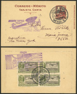 MEXICO: 12/JUL/1929 Mexico - María Juana (Argentina), Airmail Card "via New York", With Special Violet Marks On Front An - Mexico