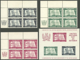 UNITED NATIONS: Yvert 1, 1955 UN 10th Anniversary + Yv.35/37 In Blocks Of 4, Mint With Very Light Hinge Marks, VF Qualit - Sonstige & Ohne Zuordnung