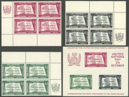 UNITED NATIONS: Yvert 1, 1955 UN 10th Anniversary + Yv.35/37 In Blocks Of 4, Mint With Very Light Hinge Marks, VF Qualit - Sonstige & Ohne Zuordnung