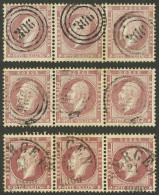 NORWAY: Sc.5, 1856/7 8s., 3 Used Strips Of 3, Different Cancels, Excellent Quality! - Other & Unclassified