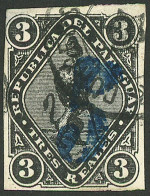 PARAGUAY: Sc.6, 1878 5c. On 3R. Black, Vertical Blue Overprint (large Figure), Used, Excellent Quality, Rare! - Paraguay