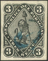 PARAGUAY: Sc.9, 1878 5c. On 3R. Black, Horizontal Blue Overprint (small Figure), Used, Excellent Quality, Rare! - Paraguay