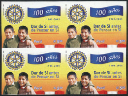 PERU: Sc.1490, 2006 Centenary Of Rotary Internacional, IMPERFORATE BLOCK OF 4, Excellent Quality, Rare! - Perù