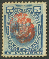 PERU: Yvert 45, Chilean Occupation, 1882 5c. Blue With DOUBLE Overprint, Mint Without Gum, With Guarantee Mark On Back O - Peru