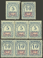 ROMANIA - GERMAN OCCUPATION: Sc.3NJ1/3NJ2, 1918 5b And 10b WITH Watermark In Strips Of 3 + Set As Singles, MNH, Excellen - Other & Unclassified