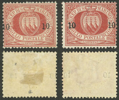 SAN MARINO: Sc.28, 1892 10 On 20c. Vermilion, One With Normal Overprint And The Other One With The Ovpt. Shifted To The  - Other & Unclassified