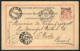 TURKEY - AUSTRIA MAIL: 20pa. Postal Card Sent From SMYRNA To Sao Paulo (Brazil) On 4/SE/1897, Unusual Destination, Very  - Other & Unclassified