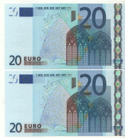 2 X 20 EURO  Consecutive   "V"   Spain   Firma  Trichet    M 017 D1   /  A - UNC - 20 Euro