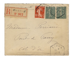 FRANCE - 1919 - TàD RAU " DIJON - E / E " Sur LSC Recom. Affranchie 10c & 2x15c Semeuses Pour Pont-de-Pany, Côte-d'Or - 1877-1920: Période Semi Moderne