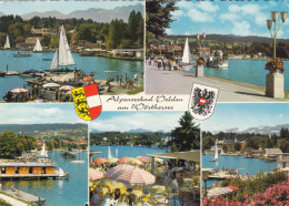 E2491) Alpenseebad VELDEN Am Wörthersee -  Farbmehrbild AK  - SCHIFF Segelboot Gastgarten Etc. - Velden