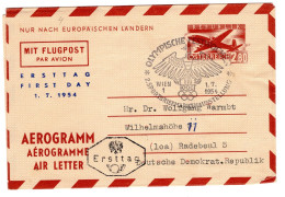 Austria Aerogramme Stationery First Day Cancel 1954 Olympics Vienna Sent To DDR - Briefe