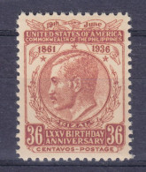 United States Philippines 1936 Mi. 381, 36c. José Rizal Geburtstag Birthday, MNH** - Filippine