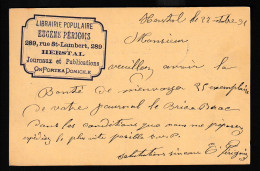 DDFF 537 - Entier Lion Couché LIEGE 1891 - Cachet Librairie Populaire Eugène Périgois à HERSTAL - Tarjetas 1871-1909
