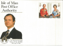 ISLE OF MAN ENTERO POSTAL STOCKHOLMIA 86 REY KING QUEEN ELIZABETH CARL GUSTAV XVI - Familles Royales